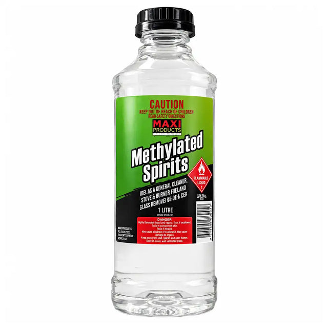 Bottle of methylated spirits with a green label on a white background
