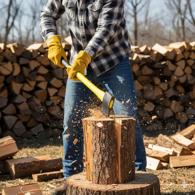 Person chopping wood with an axe in front of stacked logs