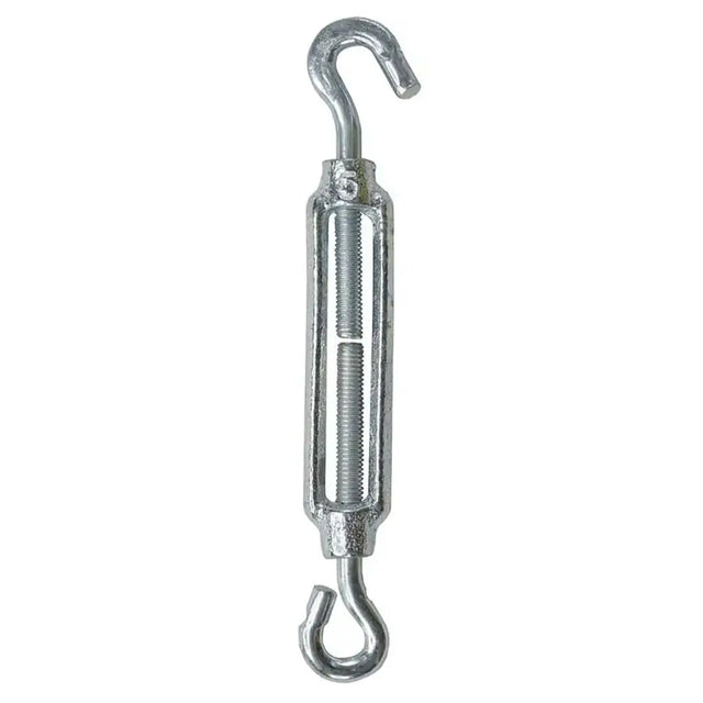 Metal turnbuckle with two hooks on a white background