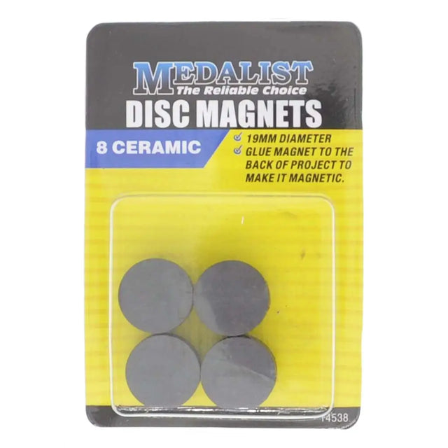 Pack of Medalist disc magnets with three magnets visible on a yellow and gray packaging.