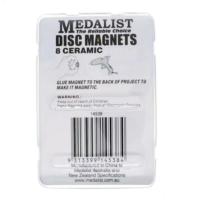 Packaging of Medalist disc magnets with text and a barcode on a white background