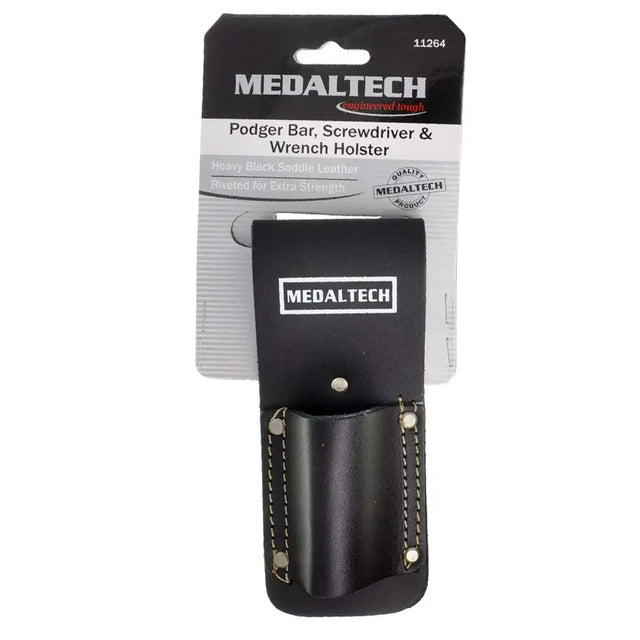 Medaltech black leather tool holster with a clip, shown on its original retail backing card. The holster features a stitched leather body with a metal rivet and a white printed Medaltech logo.