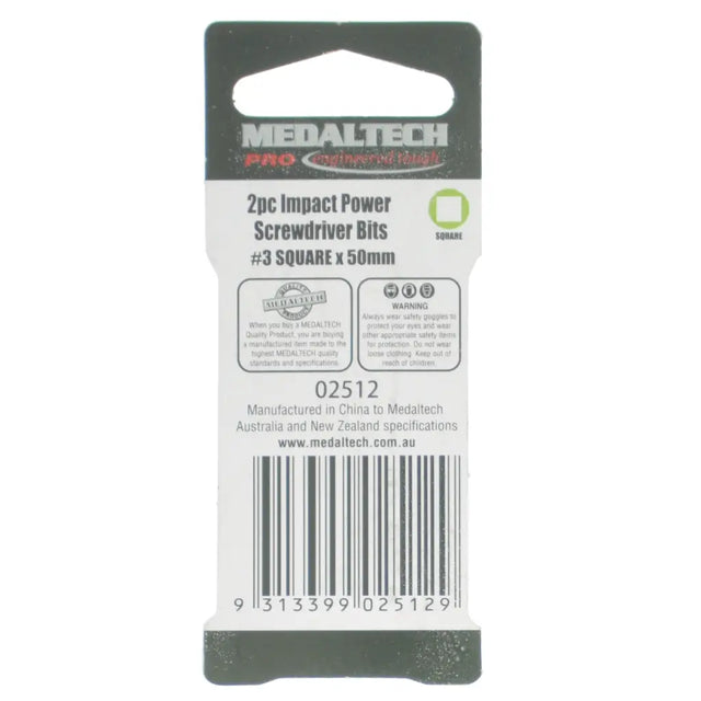 Medaltech Pro Power Tools 2-piece impact power screwdriver bits package, #3 SQUARE x 50mm, in its original retail blister card.