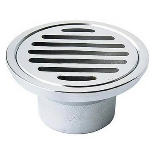 Round metal drain cover on a white background