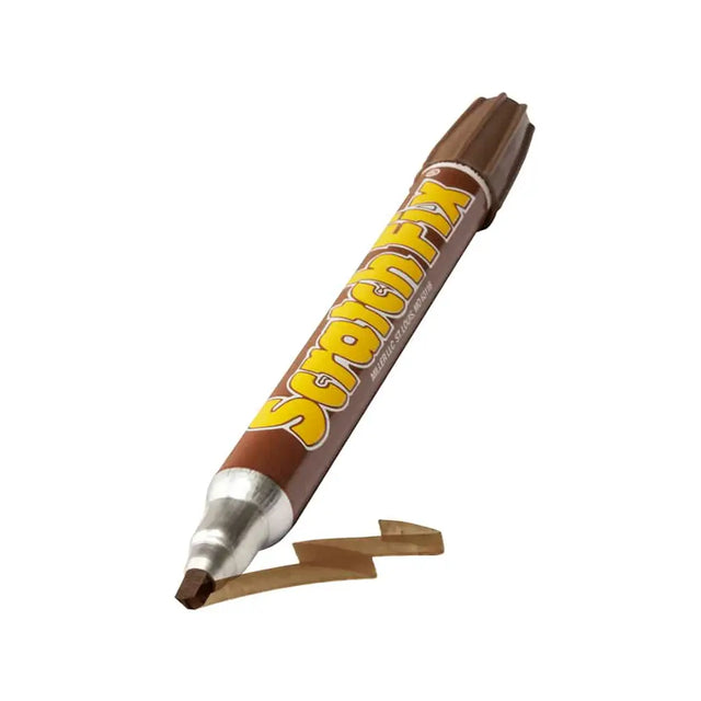 Brown marker with yellow text on a white background