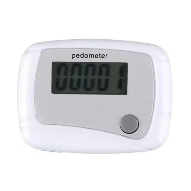 White pedometer with digital display on a white background