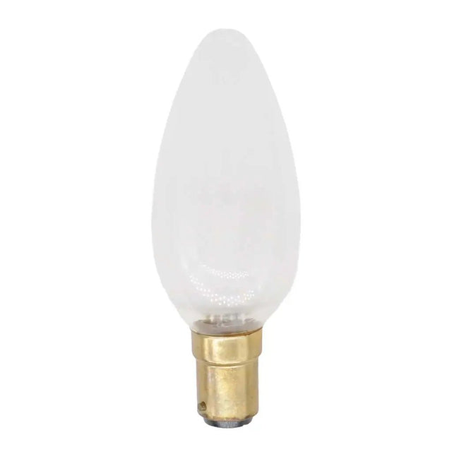 Clear light bulb with a brass base on a white background