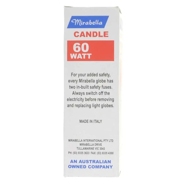 Mirabella candle packaging with 60 watt information on a white background