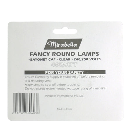 Mirabella Fancy Round Incandescent Light Bulb B22 240V 40W Clear 2Pcs