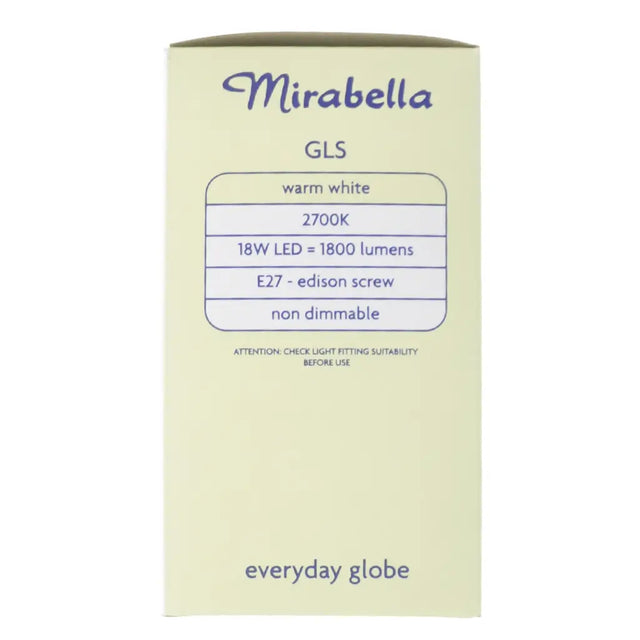 Mirabella GLS LED light bulb packaging on a white background
