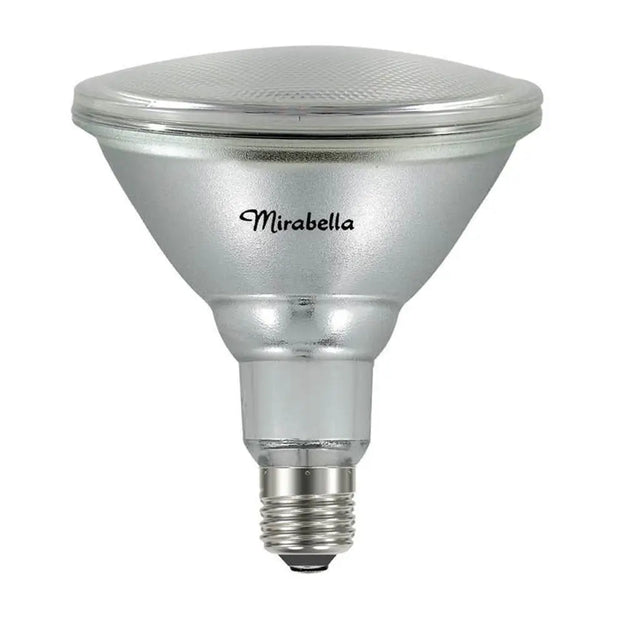 Silver reflector light bulb with 'Mirabella' branding on a white background