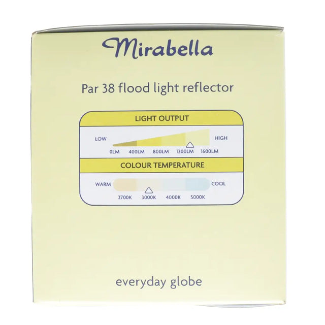 Mirabella Par 38 flood light reflector packaging with light output and color temperature information.