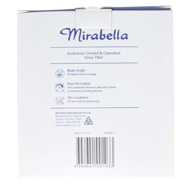 Back of a Mirabella product packaging with text and a barcode.