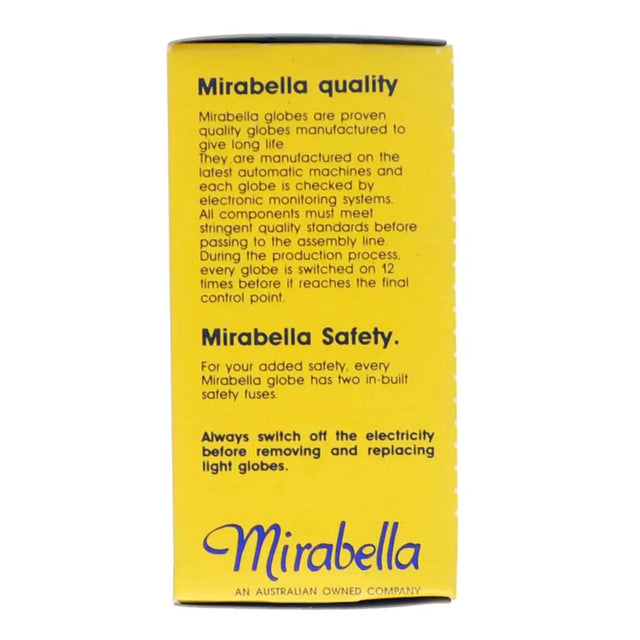 Yellow box with black text about Mirabella quality and safety on a white background