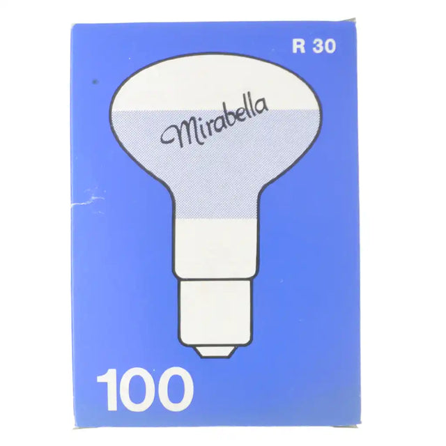 Light bulb packaging with 'Mirabella' branding on a blue background