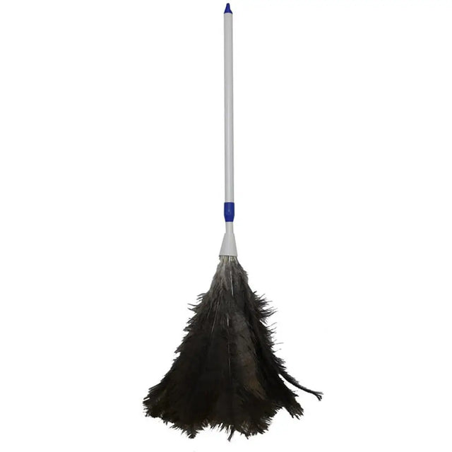 Black feather duster with a blue and white handle on a white background