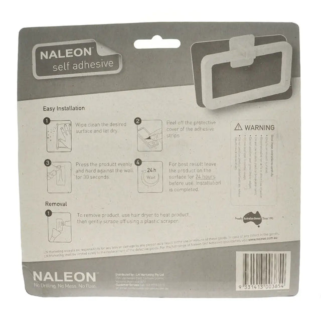 Naleon self-adhesive packaging with installation instructions and warning label.