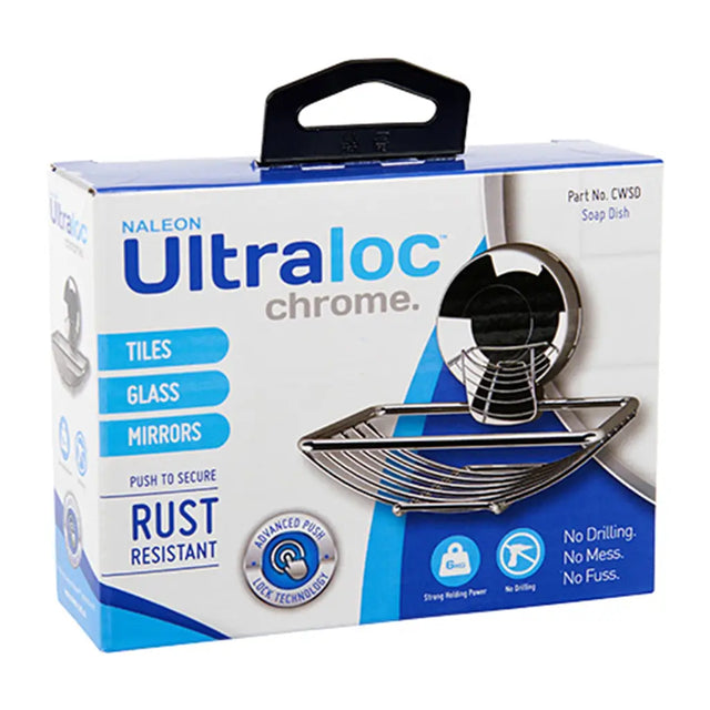 Ultraloc chrome soap dish packaging on a white background
