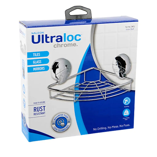 Ultraloc chrome corner shelf packaging on a white background