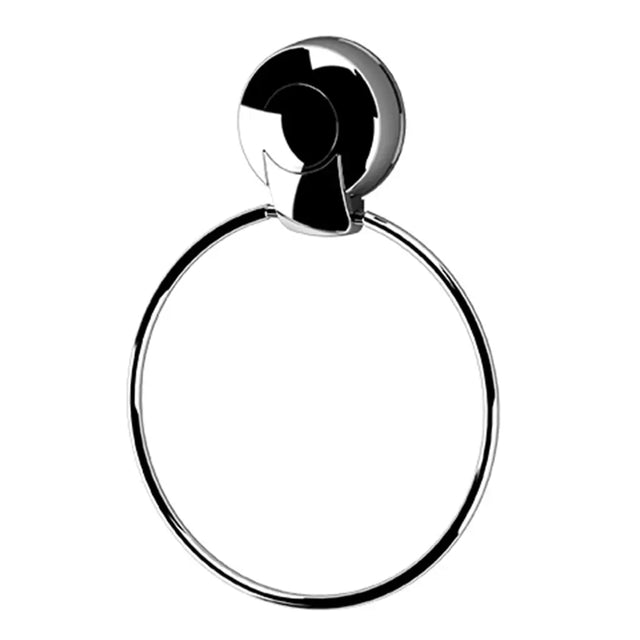 Chrome towel ring with black center on a white background