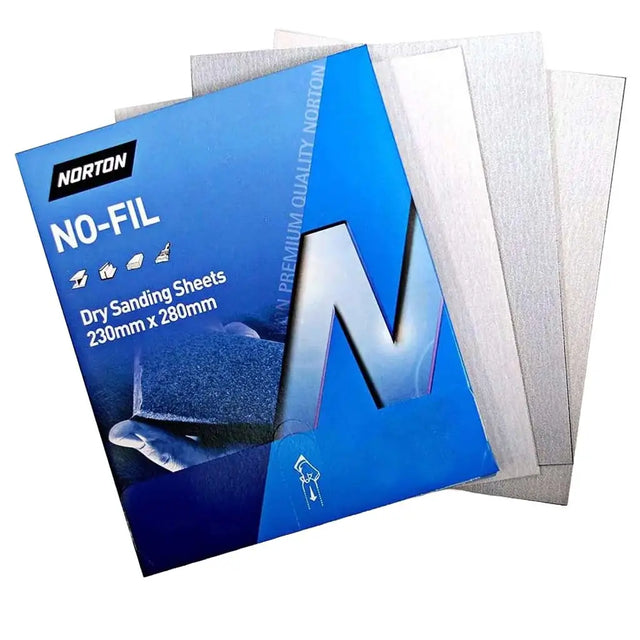 Norton No-Fil dry sanding sheets with packaging on a white background