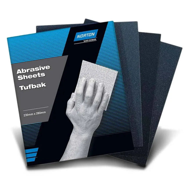 Norton abrasive sheets packaging with a hand holding a sheet on a white background