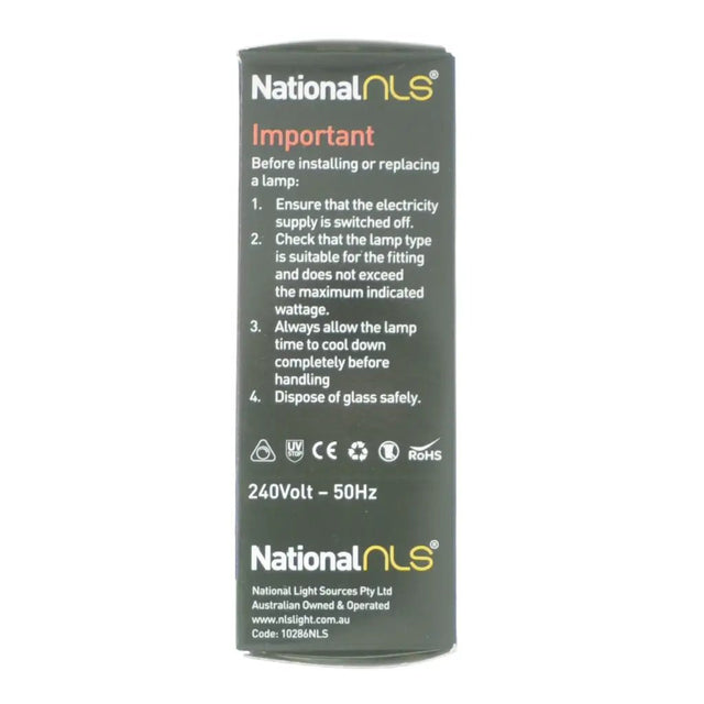 National NLS lamp packaging with safety instructions on a white background