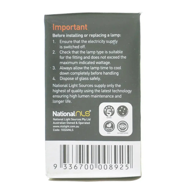 Back of a lamp packaging with instructions and branding on a white background