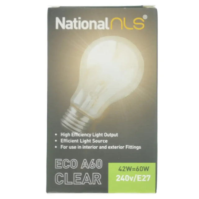 Box of National NLS eco light bulb with clear bulb image on a white background