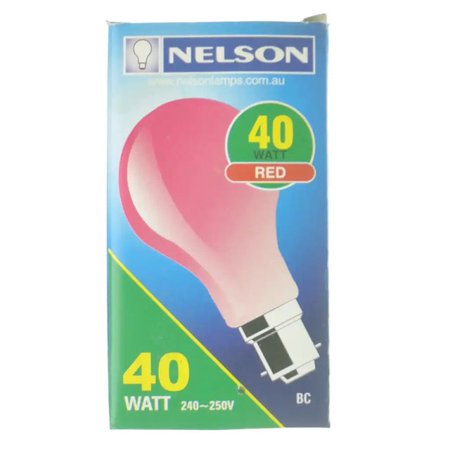 Nelson 40 Watt Red BC bayonet base light bulb packaging box, featuring a pink-tinted bulb illustration on a blue and green background.