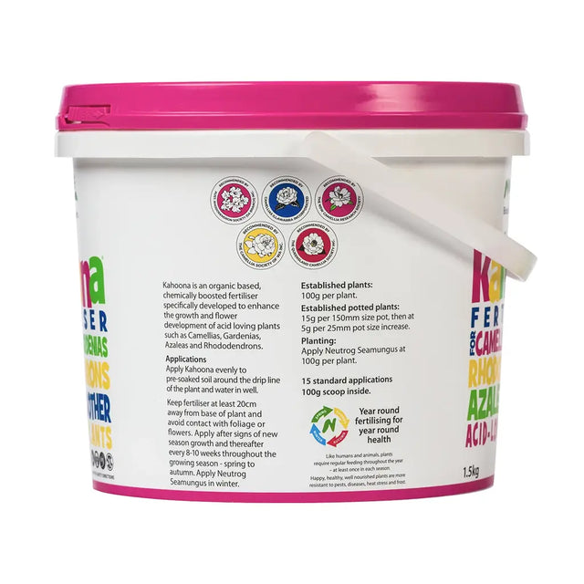 White bucket with pink lid containing Kona fertilizer for acid-loving plants on a white background