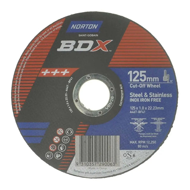 A circular Norton BDX 125mm steel and stainless steel cut-off wheel with a black, red, and blue label design, shown on a plain white background.