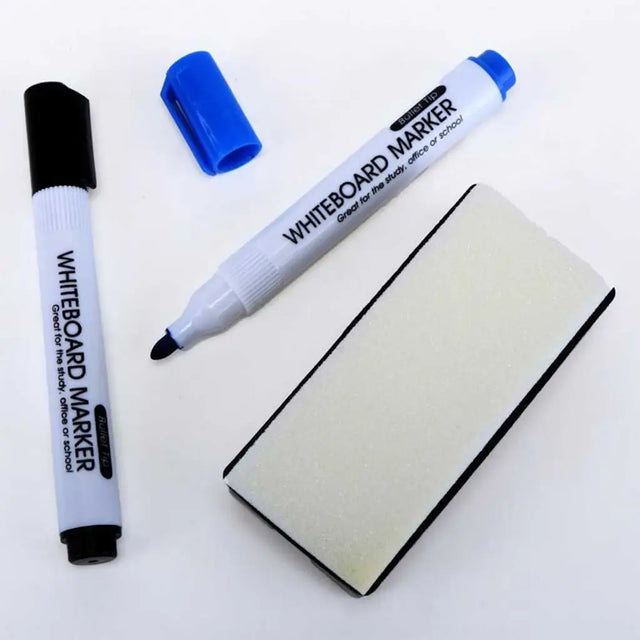 Two whiteboard markers and a whiteboard eraser on a white background