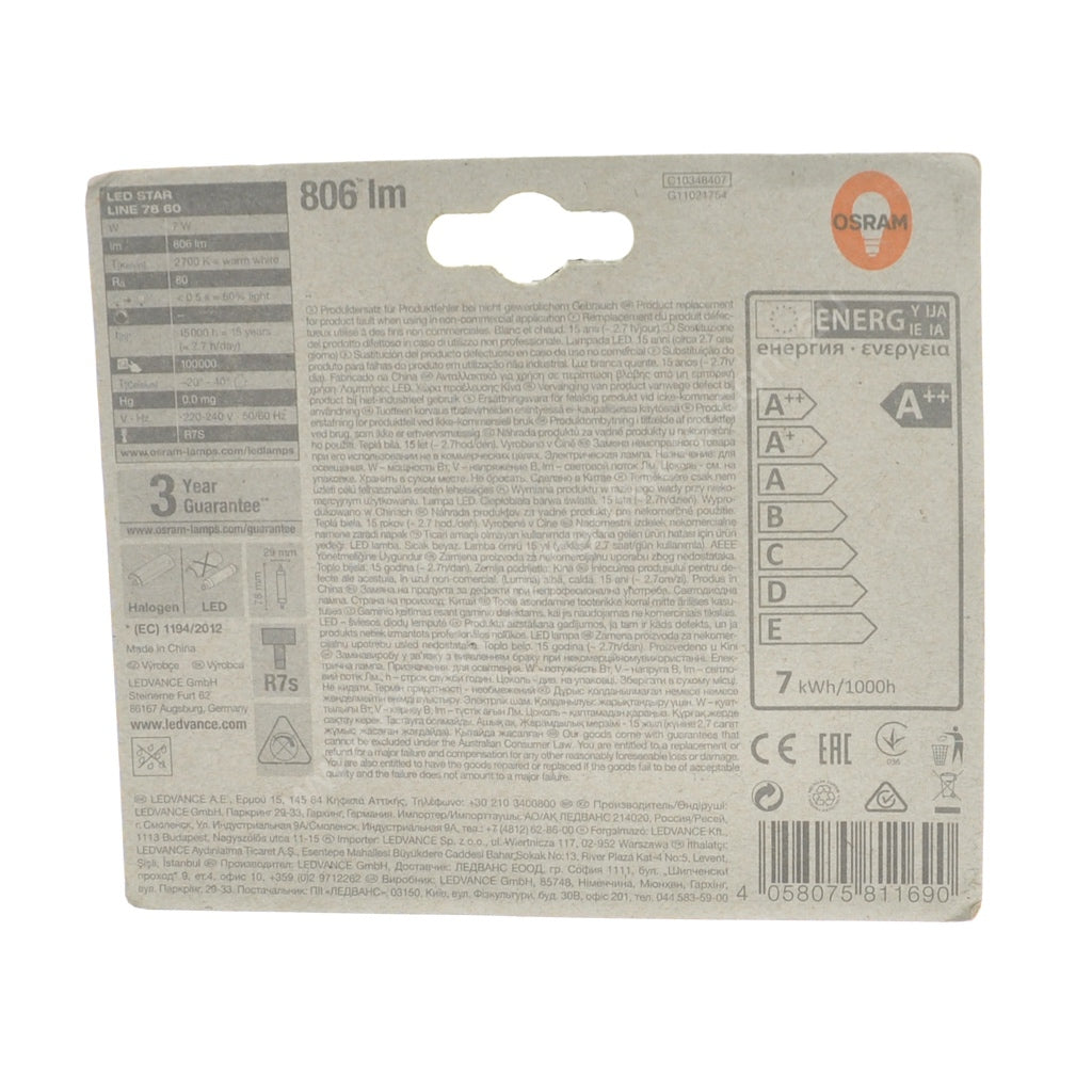 OSRAM Double Ended Linear LED Light Bulb R7s 240V 7W 78mm W/W 811690