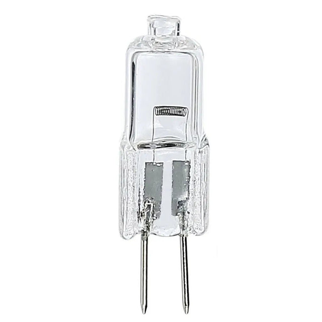 Clear G4 halogen light bulb on a white background