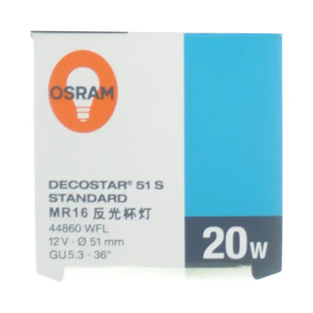 Osram Decostar 51S MR16 packaging detail showing Decostar branding and WFL beam angle specification