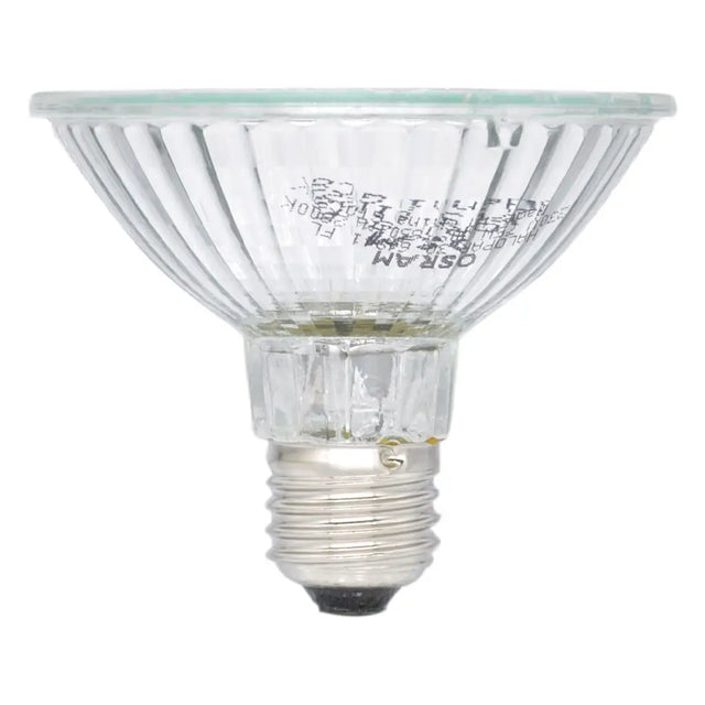 Clear halogen light bulb on a white background