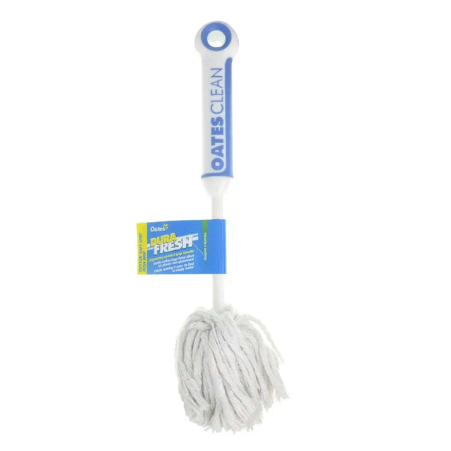 White mop with blue handle and label on a white background