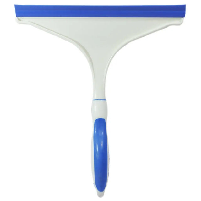 Squeegee with blue rubber blade and white handle on a white background
