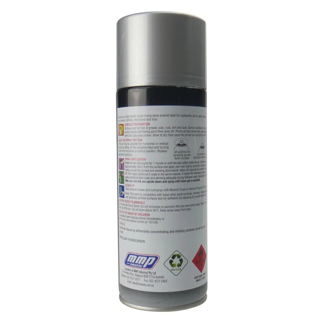 Silver spray can with label on a white background