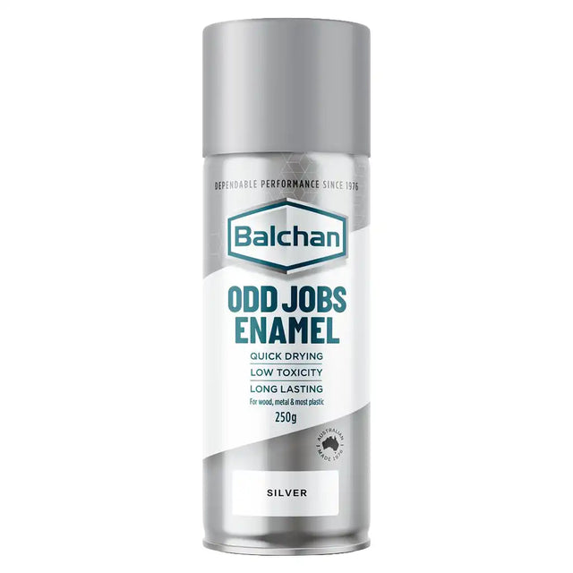 Balchan Odd Jobs Enamel silver spray can on a white background