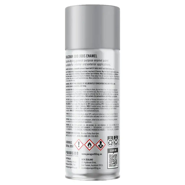 Silver spray paint can with text and symbols on a white background