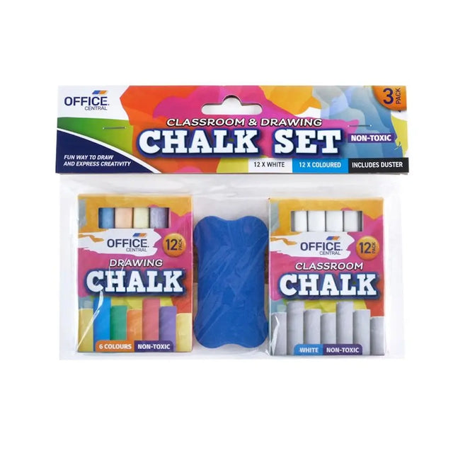 Package of Office Central chalk set with white, colored, and blue chalks on a white background