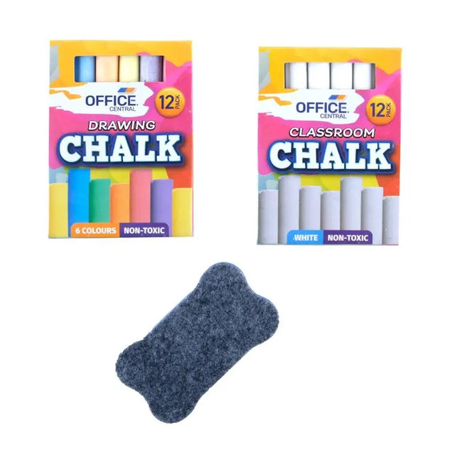 Two packages of Office Central chalk with a scrubber on a white background