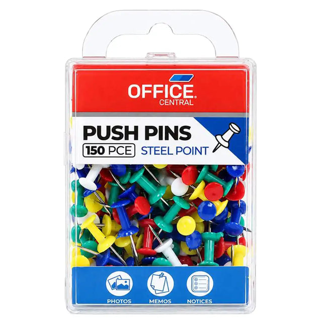 A package of 150 steel point push pins in assorted colors, branded by Office Central, in a clear plastic clamshell container with a red, white, and blue label.