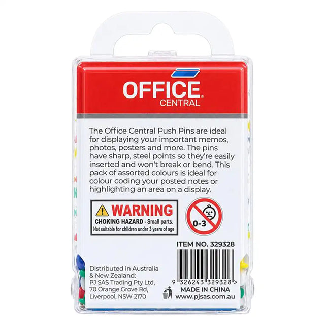 Office Central Push Pins in a clear plastic blister pack with a red header card, showing the product packaging and text details.
