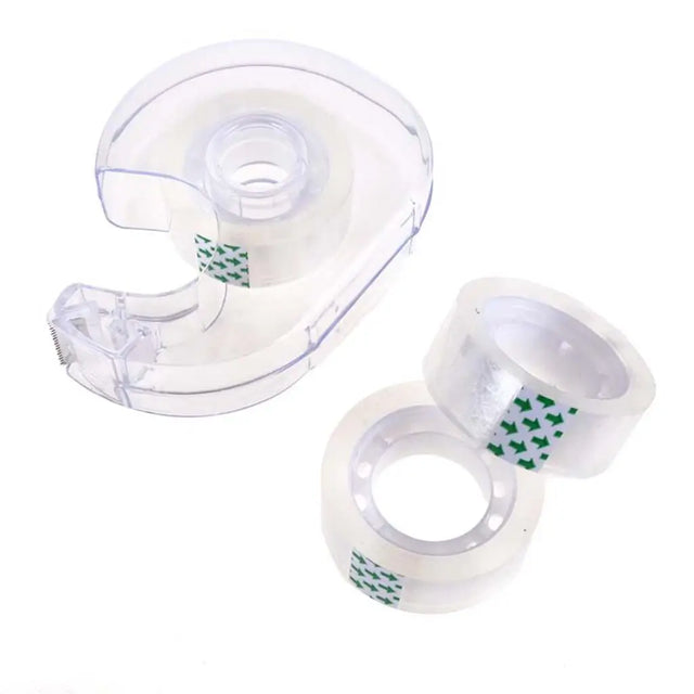 Clear tape dispenser with two rolls of tape on a white background