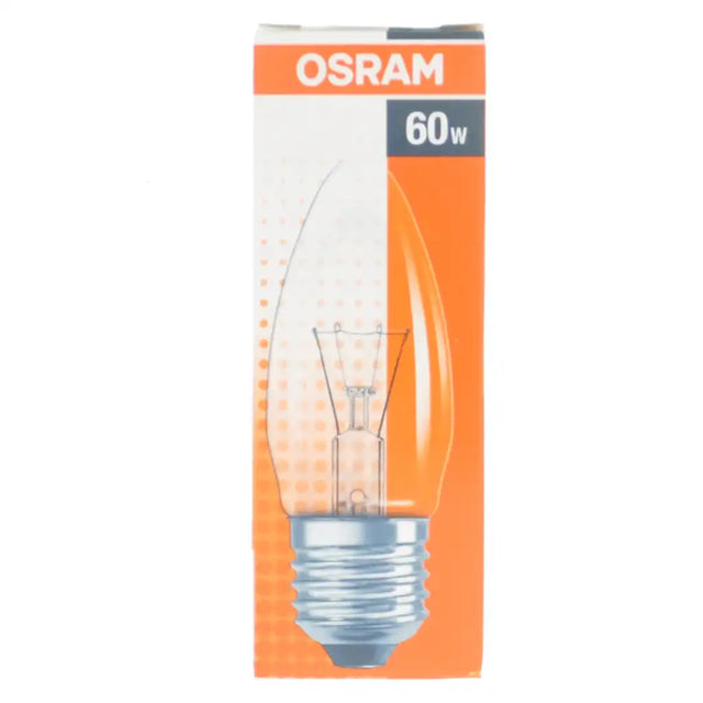 Osram light bulb packaging with a clear bulb inside on an orange background