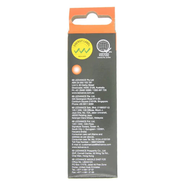 Back of a LED light bulb packaging with text and certification logo.