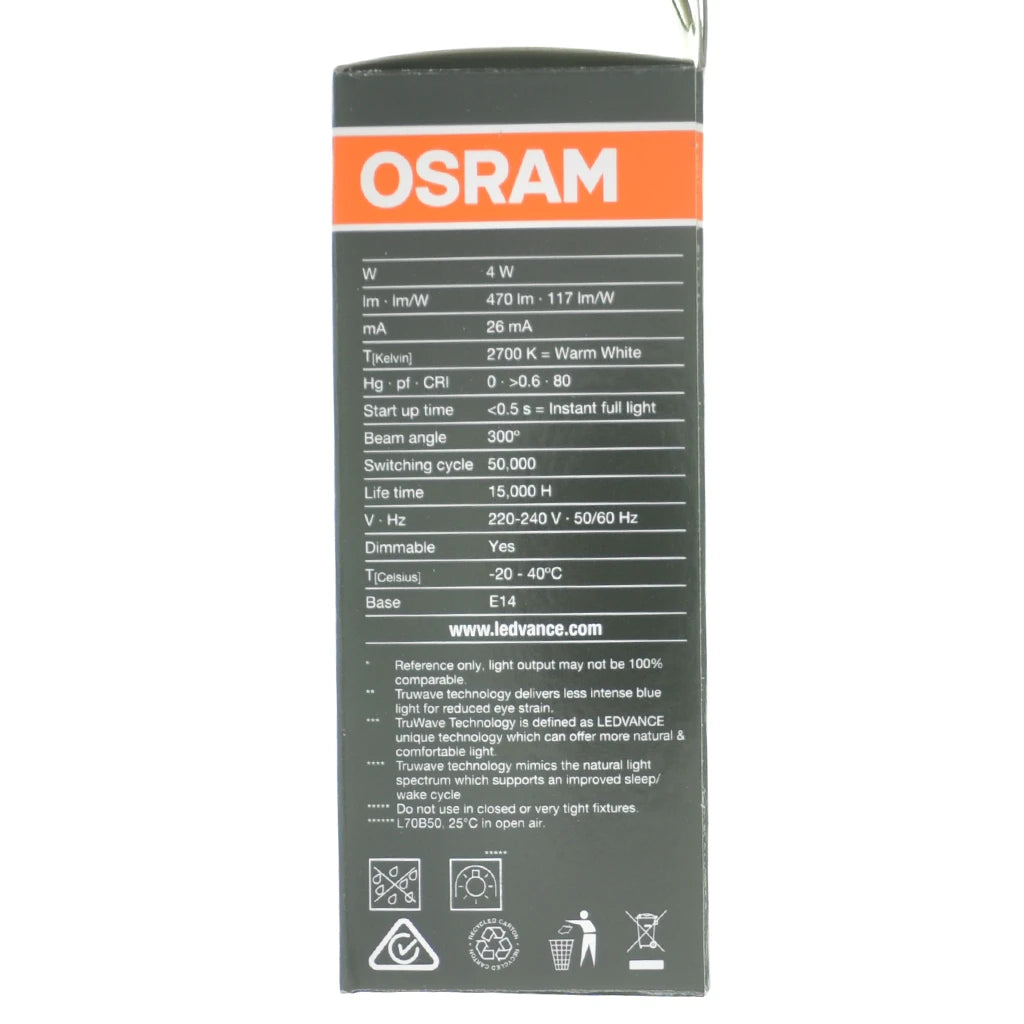 Osram Candle LED Light Bulb E14 240V 4W Pearl W/W